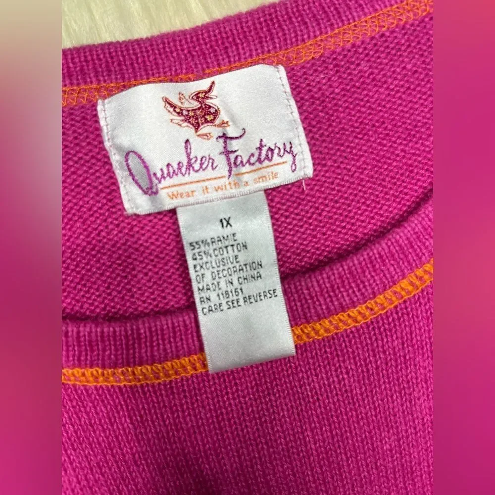 Quacker Factory embroidered penguin Pink crew sweater sz 1X